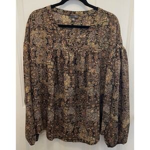 Cotton Bleu Black Floral Long Sleeve Blouse Womens XL Dark Academia Career‎